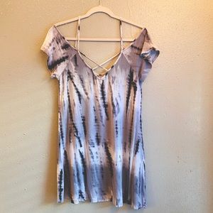 Off-the-shoulder Grey, Black, & White Tie-Dye Dress